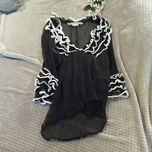 Zara sheer black with white ruffle blouse